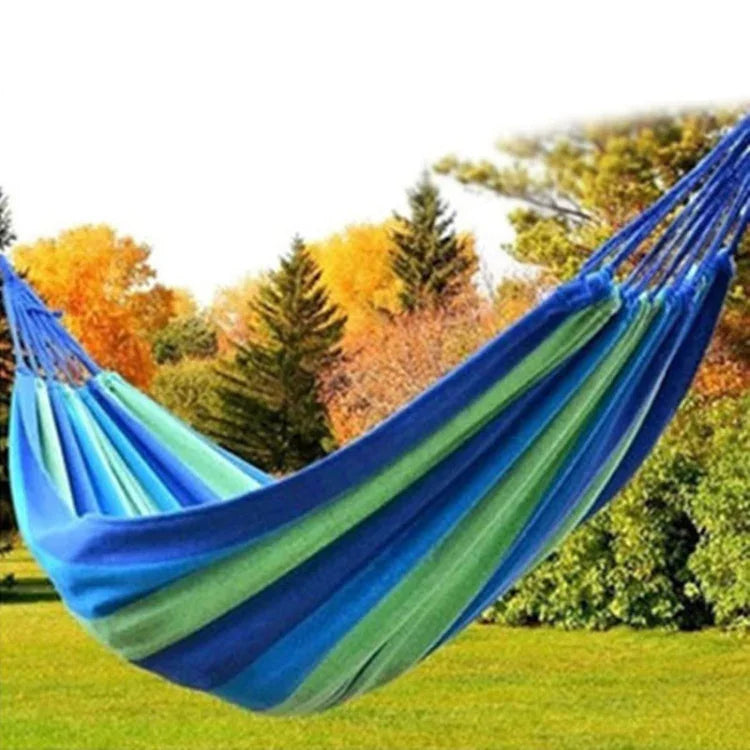 Hamac de camping extérieur en toile à rayures bleues, largeur simple, dimensions : 190 cm x 100 cm, 190 cm x 100 cm (bleu)