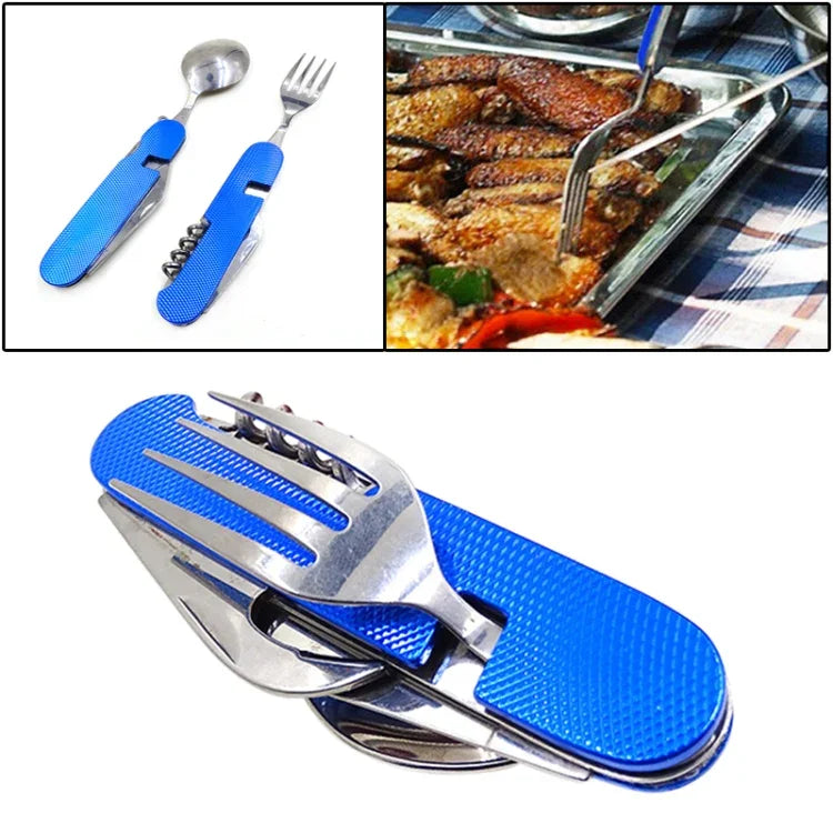 Ensemble de couverts pliants de voyage/camping 6-en-1 en acier inoxydable, cuillère + fourchette + couteau + ouvre-bouteille