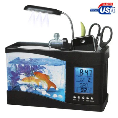 Aquarium de bureau USB Mini aquarium avec eau courante et 6 lumières LED, affichage LCD avec calendrier, heure et alarme (contient 1,5 pintes d'eau)