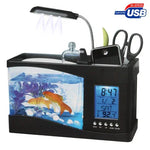 Aquarium de bureau USB Mini aquarium avec eau courante et 6 lumières LED, affichage LCD avec calendrier, heure et alarme (contient 1,5 pintes d'eau)