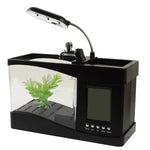 Aquarium de bureau USB Mini aquarium avec eau courante et 6 lumières LED, affichage LCD avec calendrier, heure et alarme (contient 1,5 pintes d'eau)