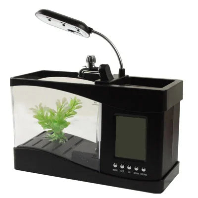 Aquarium de bureau USB Mini aquarium avec eau courante et 6 lumières LED, affichage LCD avec calendrier, heure et alarme (contient 1,5 pintes d'eau)