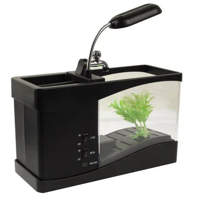 Aquarium de bureau USB Mini aquarium avec eau courante et 6 lumières LED, affichage LCD avec calendrier, heure et alarme (contient 1,5 pintes d'eau)