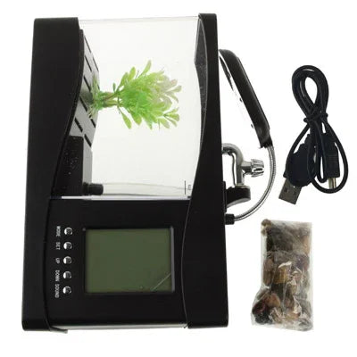 Aquarium de bureau USB Mini aquarium avec eau courante et 6 lumières LED, affichage LCD avec calendrier, heure et alarme (contient 1,5 pintes d'eau)