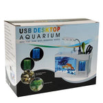 Aquarium de bureau USB Mini aquarium avec eau courante et 6 lumières LED, affichage LCD avec calendrier, heure et alarme (contient 1,5 pintes d'eau)