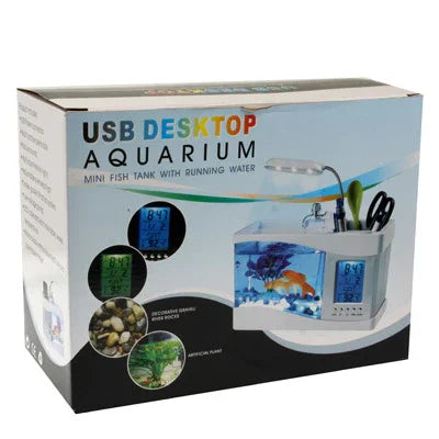 Aquarium de bureau USB Mini aquarium avec eau courante et 6 lumières LED, affichage LCD avec calendrier, heure et alarme (contient 1,5 pintes d'eau)