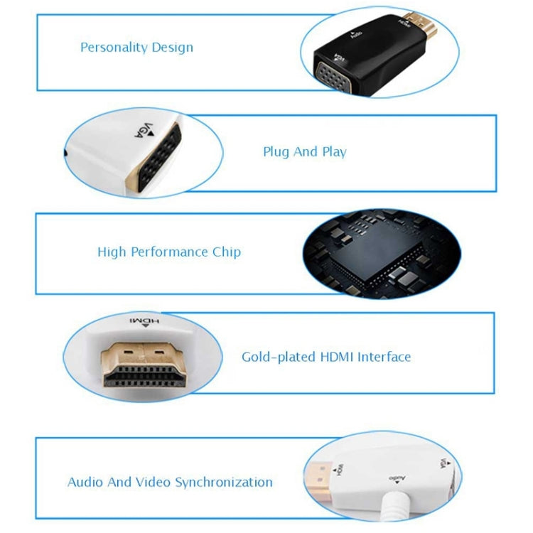 Adaptateur HDMI Full HD 1080P vers VGA et audio pour HDTV / moniteur / projecteur, HDMI mâle vers VGA + audio (noir), HDMI mâle vers VGA + audio (blanc)