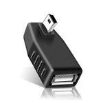 Adaptateur Mini USB mâle vers USB 2.0 AF, support fonction OTG, angle à gauche 90 degrés, angle à droite 90 degrés