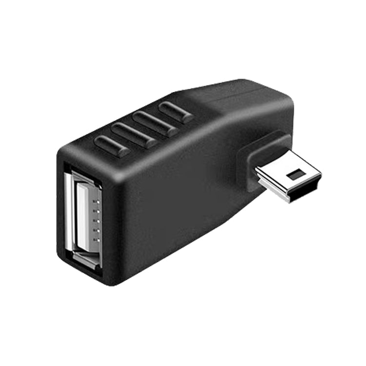 Adaptateur Mini USB mâle vers USB 2.0 AF, support fonction OTG, angle à gauche 90 degrés, angle à droite 90 degrés