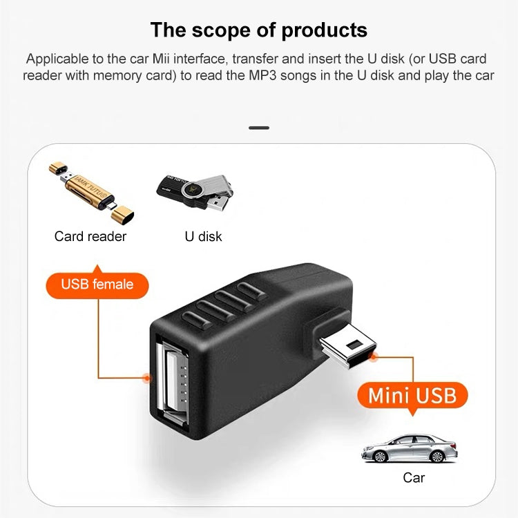 Adaptateur Mini USB mâle vers USB 2.0 AF, support fonction OTG, angle à gauche 90 degrés, angle à droite 90 degrés