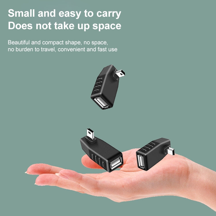 Adaptateur Mini USB mâle vers USB 2.0 AF, support fonction OTG, angle à gauche 90 degrés, angle à droite 90 degrés