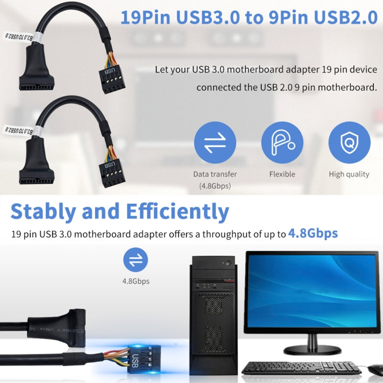 Câble adaptateur carte mère USB 2.0 9 broches femelle vers USB 3.0 19 broches mâle, longueur : 15 cm, 9 broches femelle vers 19 broches mâle