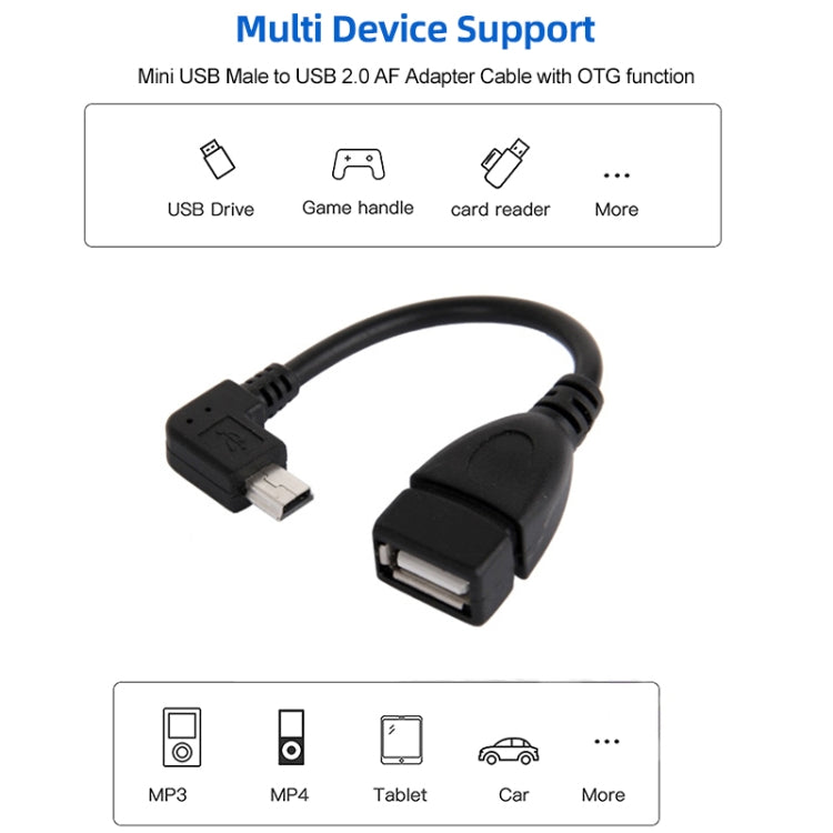 Câble adaptateur USB mini mâle à USB 2.0 AF avec fonction OTG à 90 degrés, longueur : 13 cm, USB mini angle droit, 13 cm