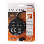 Hub USB 2.0 portable rond 8 ports haute vitesse, longueur : 60 cm, répartiteur multi-ports pour ordinateur portable, support HDD mobile 1 To, rond blanc, rond noir