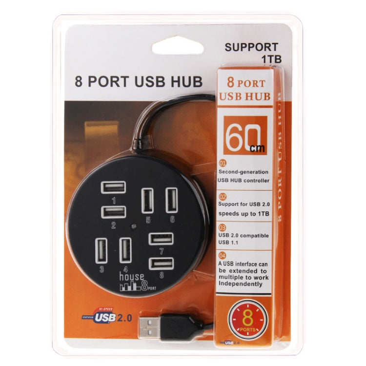 Hub USB 2.0 portable rond 8 ports haute vitesse, longueur : 60 cm, répartiteur multi-ports pour ordinateur portable, support HDD mobile 1 To, rond blanc, rond noir