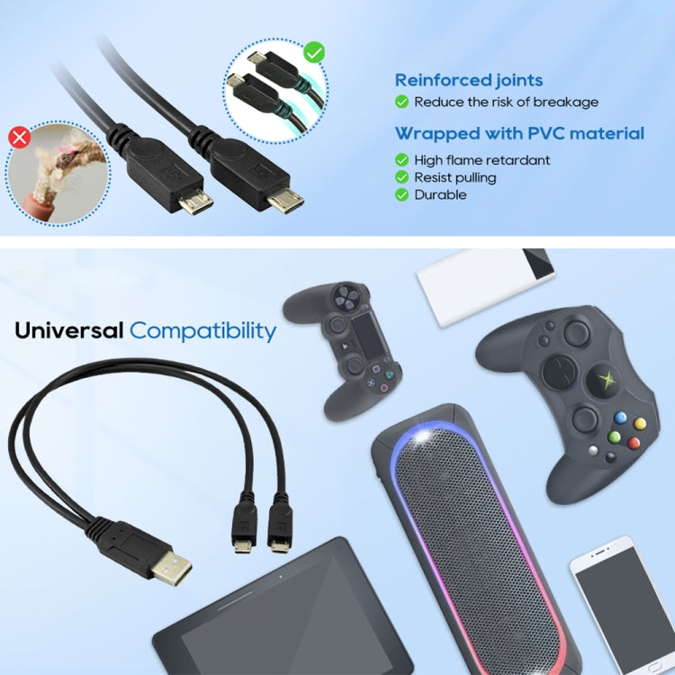 Câble USB 2.0 mâle vers 2 Micro USB mâles, longueur : environ 30 cm, USB 2.0 AM vers 2 Micro USB