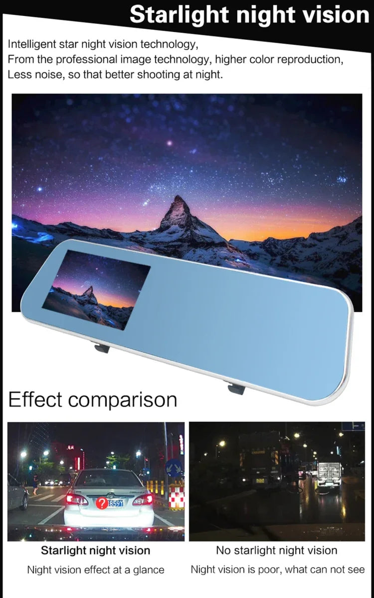 DVR Véhicule Double Caméra Écran 4,3 pouces Full HD 1080P, Angle de Vue Large 140 Degrés, Support Vision Nocturne / Surveillance de Stationnement / Enregistrement en Boucle / Détection de Mouvement / G-Sensor / Carte TF, 4,3 pouces
