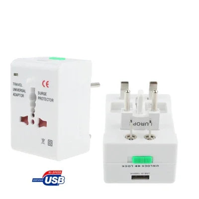 Adaptateur secteur de voyage universel (États-Unis/UE/Australie/Royaume-Uni) avec prise de charge USB et port USB.