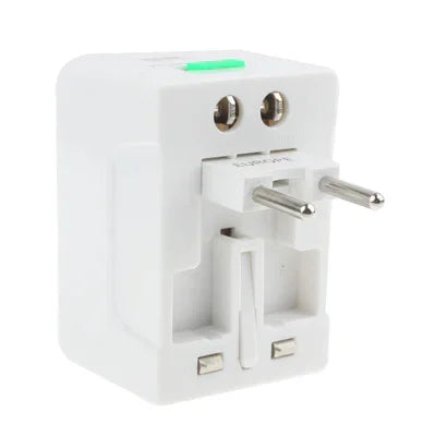 Adaptateur secteur de voyage universel (États-Unis/UE/Australie/Royaume-Uni) avec prise de charge USB et port USB.