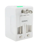 Adaptateur secteur de voyage universel (États-Unis/UE/Australie/Royaume-Uni) avec prise de charge USB et port USB.