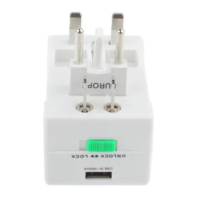 Adaptateur secteur de voyage universel (États-Unis/UE/Australie/Royaume-Uni) avec prise de charge USB et port USB.