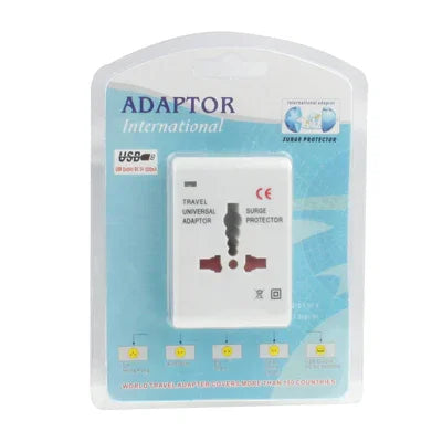 Adaptateur secteur de voyage universel (États-Unis/UE/Australie/Royaume-Uni) avec prise de charge USB et port USB.