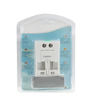 Adaptateur secteur de voyage universel (États-Unis/UE/Australie/Royaume-Uni) avec prise de charge USB et port USB.