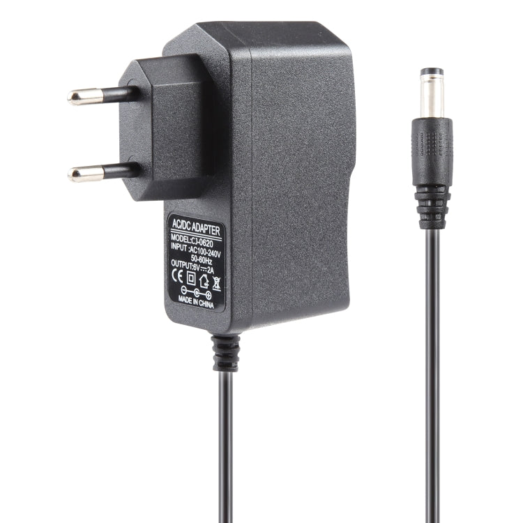 Adaptateur secteur prise EU AC 100-240V vers DC 6V 2A, embouts : 5.5 x 2.1mm, longueur de câble : 1.1m, prise EU DC 6V 2A