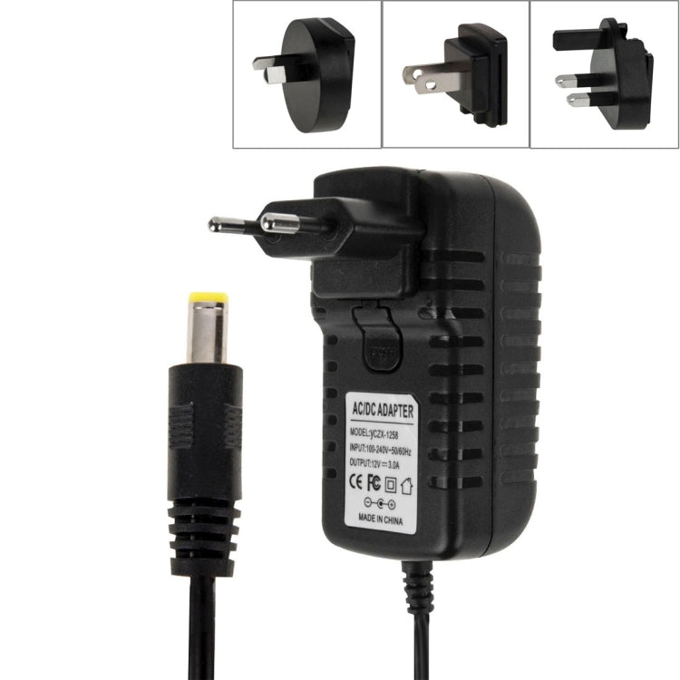 Adaptateur secteur 4 en 1 prise EU + US + UK + AU AC 100-240V vers DC 12V 3A, embouts : 5,5 x 2,1 mm, longueur du câble : environ 1,2 m, prises EU+US+UK+AU