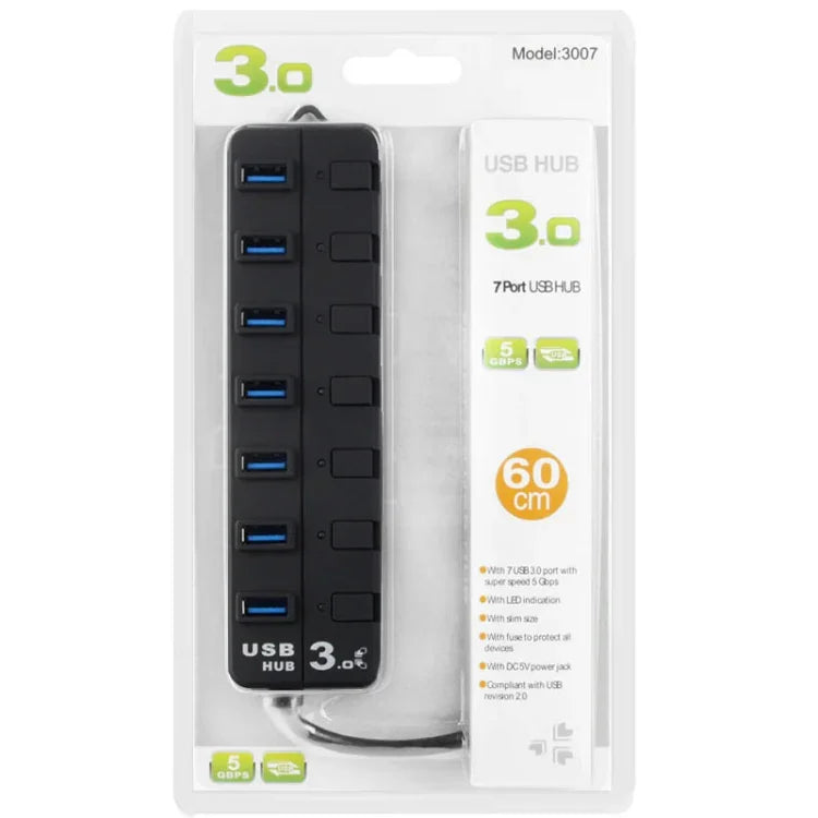 Hub USB 3.0 7 ports avec interrupteurs individuels pour chaque port de transfert de données, 7 ports (Noir)