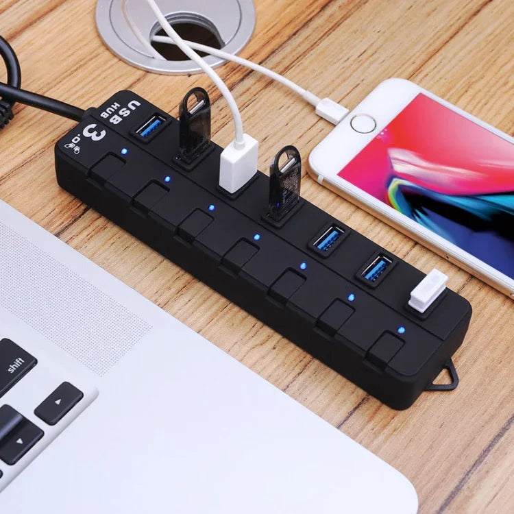 Hub USB 3.0 7 ports avec interrupteurs individuels pour chaque port de transfert de données, 7 ports (Noir)