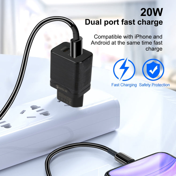 Chargeur de voyage rapide LZ-728 QC 3.0 USB + PD 20W USB-C / Type-C, prise EU