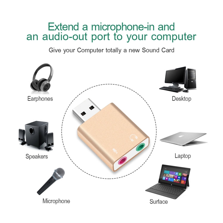 Carte son externe USB avec coque en aluminium, prise jack 3,5 mm, voix magique HIFI 7.1 canaux, adaptateur sans pilote pour ordinateur, bureau, haut-parleurs, casque, microphone, aluminium 7.1 canaux or