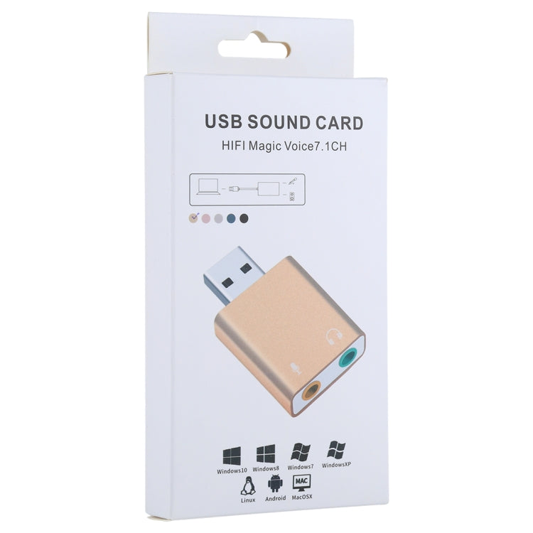 Carte son externe USB avec coque en aluminium, prise jack 3,5 mm, voix magique HIFI 7.1 canaux, adaptateur sans pilote pour ordinateur, bureau, haut-parleurs, casque, microphone, aluminium 7.1 canaux or