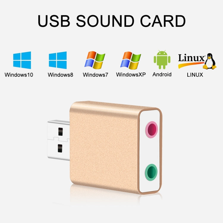 Carte son externe USB avec coque en aluminium, prise jack 3,5 mm, voix magique HIFI 7.1 canaux, adaptateur sans pilote pour ordinateur, bureau, haut-parleurs, casque, microphone, aluminium 7.1 canaux or