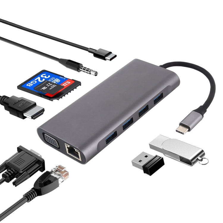 Hub adaptateur 11 en 1 VGA + port LAN + 4 x USB 3.0 + carte SD / TF + HDMI + port audio + USB-C / Type-C femelle vers USB-C / Type-C, 11 ports vers Type-C