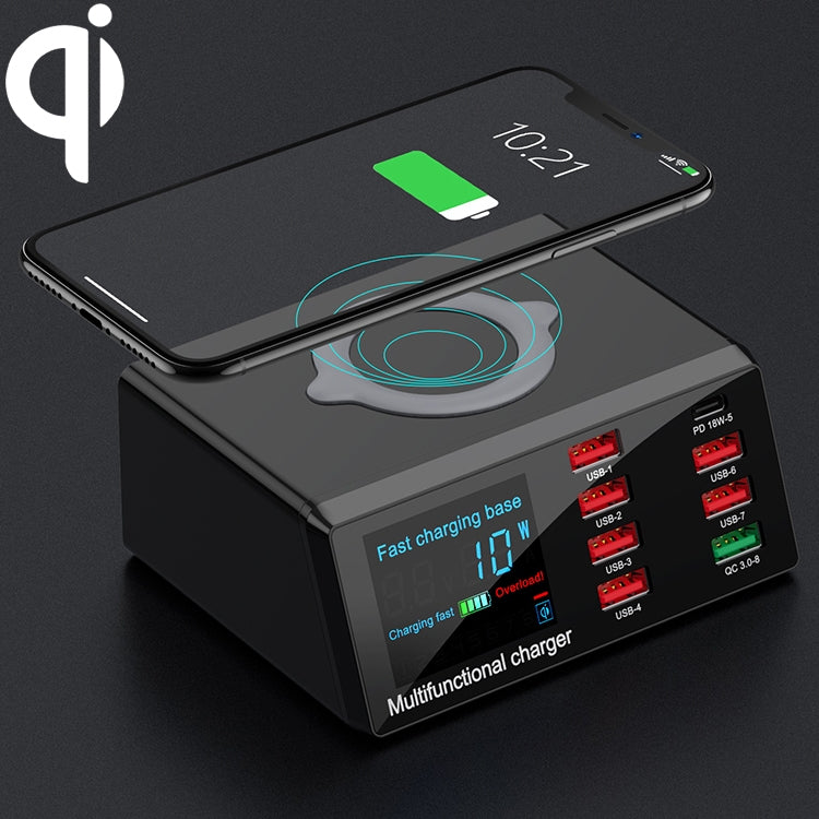 X9 Chargeur multi-fonctions 9-en-1 avec interface USB QC 3.0 + 6 ports USB + ports PD 65W + chargement rapide sans fil QI avec écran LED, X9
