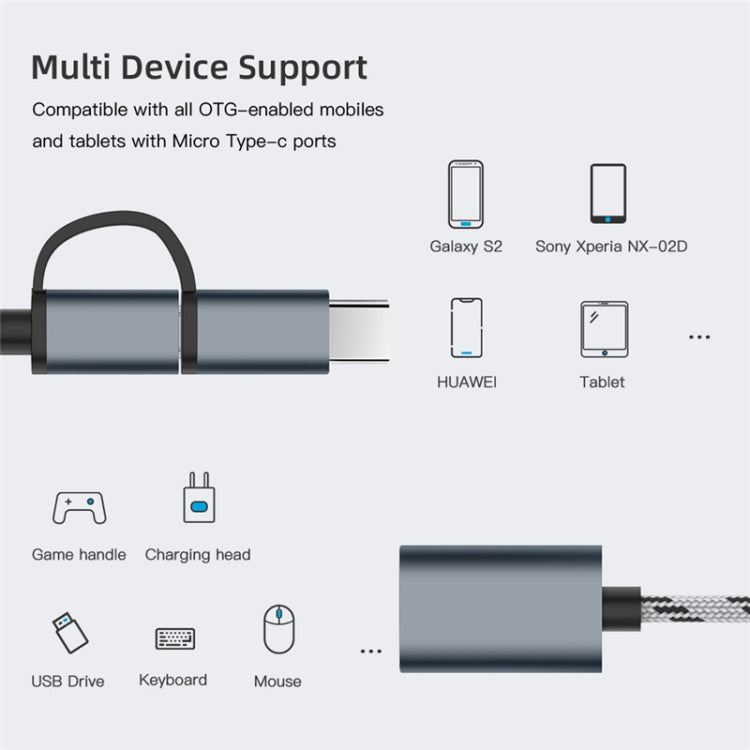 Câble adaptateur tressé en nylon USB 3.0 femelle vers Micro USB + USB-C / Type-C mâle chargement + transmission OTG, Longueur du câble : 17cm, Micro USB 17cm gris, Micro USB 17cm or
