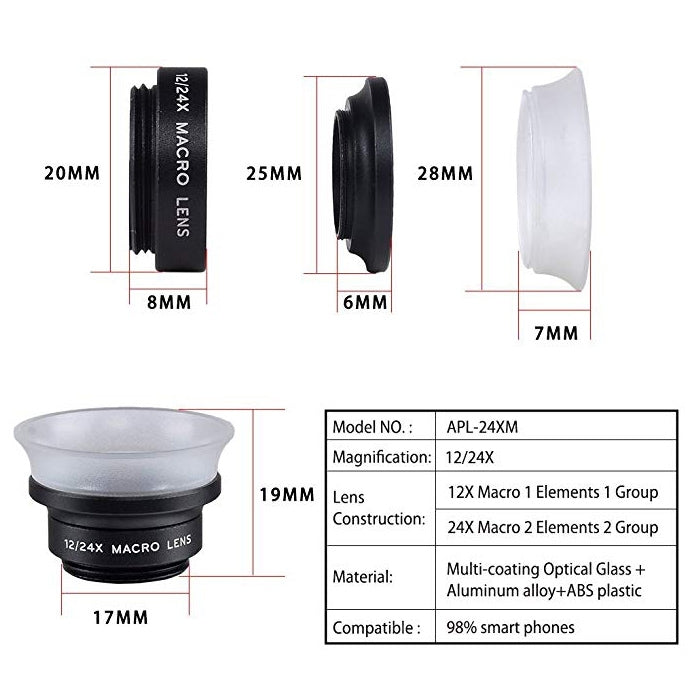 Objectif macro universel externe 2 en 1 APEXEL APL-24X-H 12X et 24X pour téléphone portable avec pare-soleil