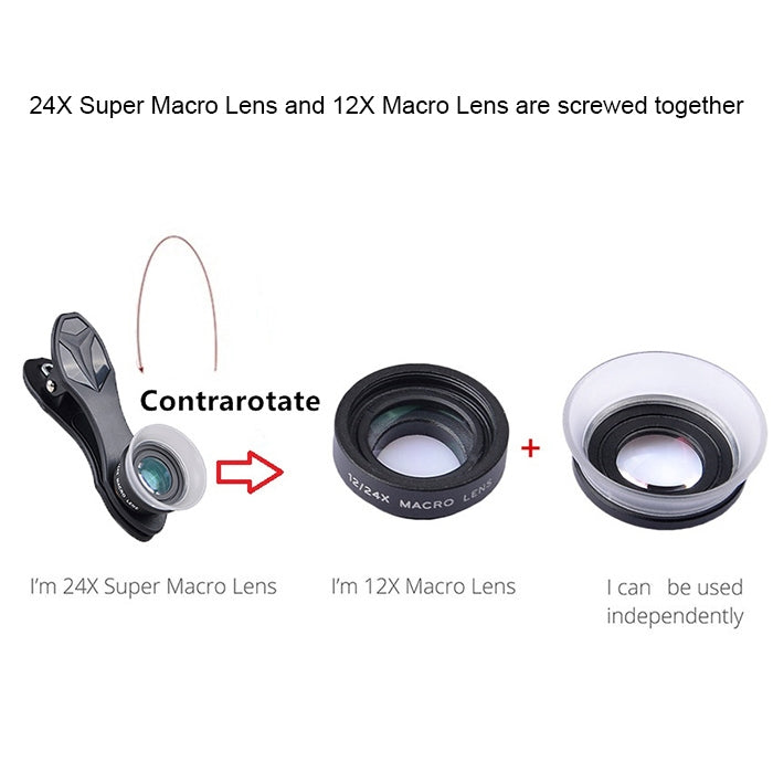 Objectif macro universel externe 2 en 1 APEXEL APL-24X-H 12X et 24X pour téléphone portable avec pare-soleil