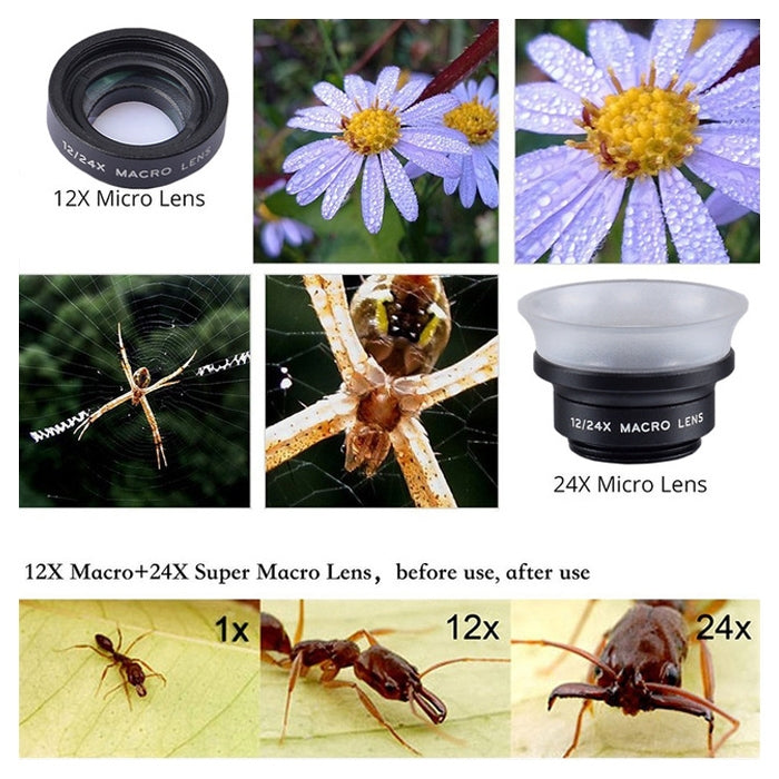 Objectif macro universel externe 2 en 1 APEXEL APL-24X-H 12X et 24X pour téléphone portable avec pare-soleil