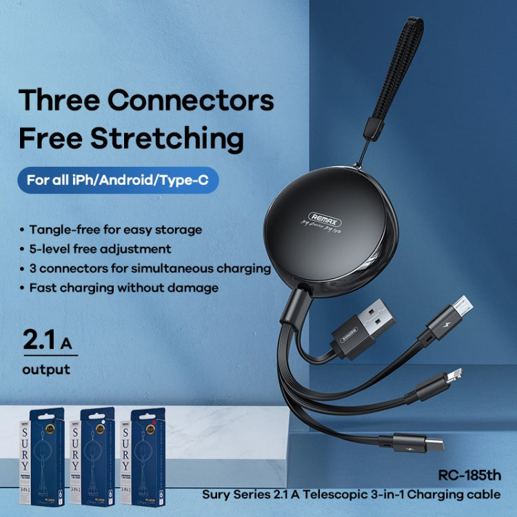 Câble de données de charge télescopique REMAX RC-185th 3 en 1 2,1A USB vers 8 broches + USB-C / Type-C + Micro USB série Sury