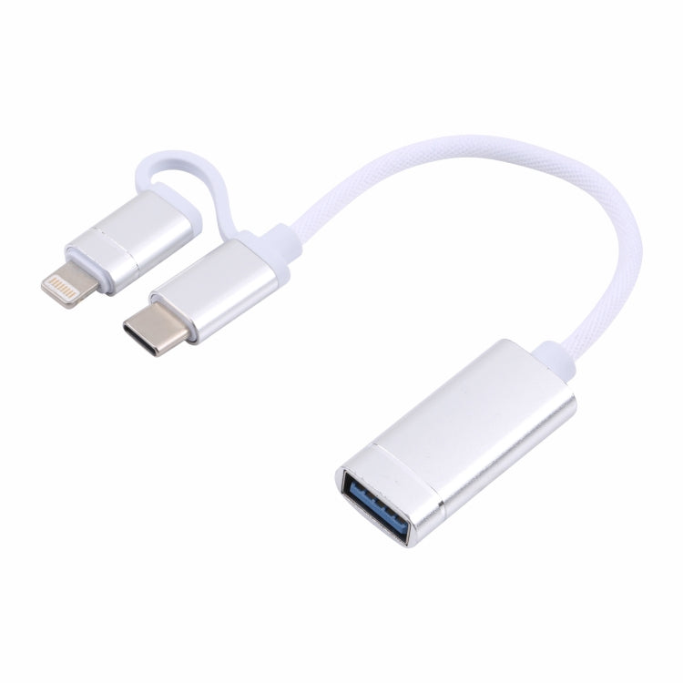 Câble adaptateur tressé en nylon OTG de charge et transmission USB 3.0 Femelle vers 8 broches + USB-C / Type-C Mâle, Longueur du câble : 11 cm, 8 broches Argent + Blanc, 8 broches Noir, 8 broches Argent, 8 broches Rouge, 8 broches Bleu