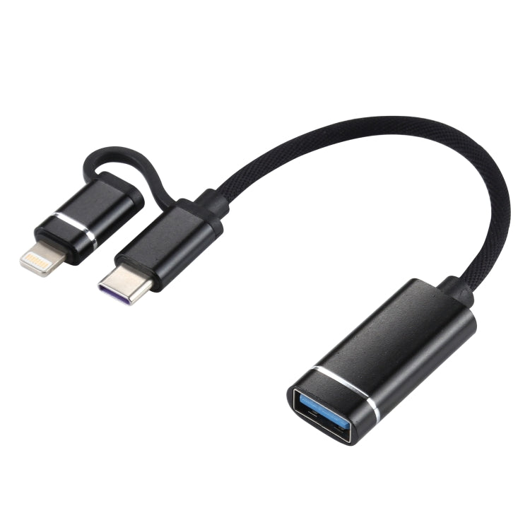 Câble adaptateur tressé en nylon OTG de charge et transmission USB 3.0 Femelle vers 8 broches + USB-C / Type-C Mâle, Longueur du câble : 11 cm, 8 broches Argent + Blanc, 8 broches Noir, 8 broches Argent, 8 broches Rouge, 8 broches Bleu
