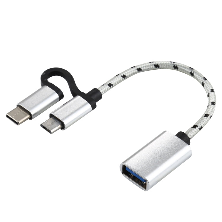 Câble adaptateur OTG tressé en nylon USB 3.0 femelle vers Micro USB + USB-C / Type-C mâle pour charge et transmission, Longueur du câble : 11cm, Micro USB Noir, Micro USB Bleu, Micro USB Rouge, Micro USB Argent, Micro USB Blanc