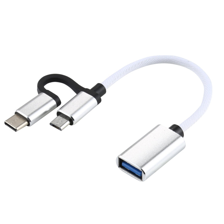 Câble adaptateur OTG tressé en nylon USB 3.0 femelle vers Micro USB + USB-C / Type-C mâle pour charge et transmission, Longueur du câble : 11cm, Micro USB Noir, Micro USB Bleu, Micro USB Rouge, Micro USB Argent, Micro USB Blanc