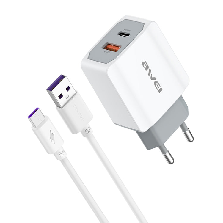 awei PD4 Chargeur de voyage à charge rapide 20W PD Type-C + QC 3.0 USB avec câble de données, prise EU