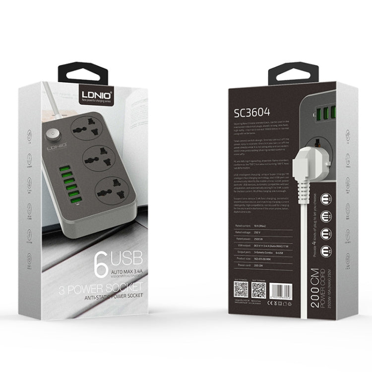 LDNIO SC3604 Multiprise de voyage multifonction 6 ports USB pour maison et bureau, longueur du câble : 2m, prise US, SAS8611AUK, SAS8611AUS, SAS8611BUK, SAS8611BUS, SAS8611EU