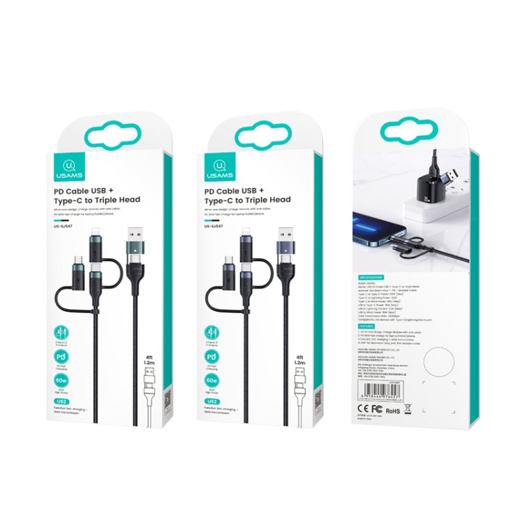 USAMS US-SJ547 U62 Câble de données de charge rapide PD en alliage d'aluminium USB + Type-C / USB-C vers Type-C / USB-C + 8 broches + Micro, Longueur : 1,2 m