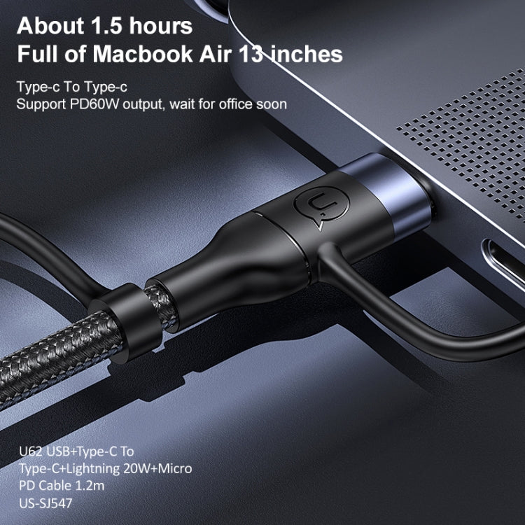 USAMS US-SJ547 U62 Câble de données de charge rapide PD en alliage d'aluminium USB + Type-C / USB-C vers Type-C / USB-C + 8 broches + Micro, Longueur : 1,2 m